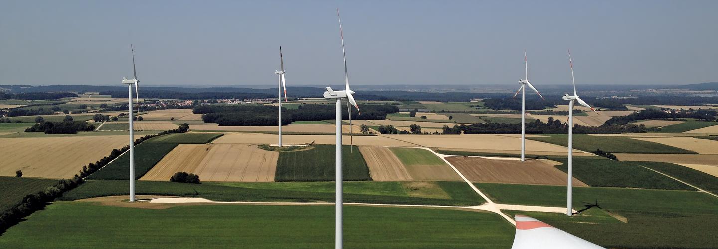 View of wind farm from top of wind turbine